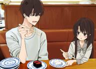 1_female 1_male 1boy 1girl absurd_resolution anger_vein annoyed bench brown_eyes brown_hair chopsticks chromatic_aberration danbooru eating female food high_resolution honryou_wa_naru long_hair male open_mouth original plate restaurant safe safebooru shirt short_hair striped striped_shirt table upper_body very_high_resolution white_shirt // 3329x2396 // 908.8KB