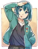 1_female 1girl badge blue_eyes blue_hair button_badge female hand_in_pocket hand_up high_resolution hina_(hinamatsuri) hinamatsuri_(manga) hinamatsuri_(series) hood hood_down hooded_jacket jacket o safe sakino_shingetsu short_hair simple_background solo standing // 924x1200 // 198.7KB