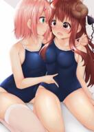 2d_art 2girls bangs bare_arms bare_shoulders blue_swimsuit blush breasts brown_eyes brown_hair chiyoda_momo collarbone commentary_request competition_school_swimsuit competition_swimsuit covered_navel curled_horns demon demon_girl demon_horns demon_tail explicit eye_contact eyebrows_visible_through_hair fangs female garrison_cap green_eyes hair_ornament hairclip high_resolution horns in_profile junk_tag lifted_by_another loli_face long_hair looking_at_another machikado_mazoku medium_breasts minato_(ojitan_gozaru) multiple_females navel navel_fingering nose_blush ojitan_55 one-piece_swimsuit open_mouth parted_lips pink_hair pixiv_3065392 pixiv_78376649 profile questionable safe sankaku_channel school_swimsuit small_breasts strap_slip sweat swimsuit tail tears thighhighs undressing v-shaped_eyebrows very_long_hair white_legwear yoshida_yuuko yuri まちカドまぞく まちカドまぞく1000users入り みなとおじたん@c98新刊 みなとおじたん@ファンボ開始 シャドウミストレス優子 シャミ子が悪いんだよ シャミ子はここが弱いんだよね！シャミ子が悪いんだからね 千代田桃 吉田優子 桃シャミ 湊おじたん // 1200x1678 // 2.1MB