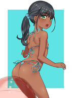 1_female arched_back ass ball bangs bare_shoulders beachball bikini black_hair blue_bikini border dark_skin eyebrows_visible_through_hair female flat_chest from_behind green_eyes hai_ookami hair_bobbles hair_ornament hairclip halterneck highleg highleg_bikini leaning leaning_forward long_hair looking_at_viewer looking_back micro_bikini open_mouth original original_character outside_border point_of_view ponytail safe side-tie_bikini simple_background sitting solo string_bikini sweat sweatdrop swimsuit t-back thong_bikini tied_hair yukiko312 小毬の友達 廃狼 褐色三昧 // 1108x1500 // 687.1KB
