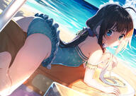 1_female ahoge aqua_eyes arm_scrunchie ass back backless_outfit backless_swimsuit bangs bare_legs bare_shoulders barefoot beach black_hair blue_eyes blurry blurry_background blush breasts brown_hair casual_one-piece_swimsuit closed_mouth commentary_request cosplay day detached_sleeves dutch_angle eyebrows_visible_through_hair female frilled_swimsuit frills gochuumon_wa_usagi_desu_ka? gurasion_(gurasion) hair_ornament hair_ribbon hinatsuru_ai horizon kafuu_chino kafuu_chino_(cosplay) legs loli long_hair looking_at_viewer looking_back low_twintails lying on_stomach one-piece_swimsuit outdoors outside point_of_view polka_dot polka_dot_swimsuit ribbon ryuuou_no_oshigoto! safe sand sankaku_channel scrunchie small_breasts swimsuit tied_hair twintails very_long_hair water // 1169x828 // 804.5KB