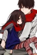 1_female 1_male 1boy 1girl child expressionless female high_resolution highres honryou_wa_naru long_hair male on_lap original safe scarf simple_background striped striped_legwear sweater sweater_vest white_background young // 1351x1982 // 1.8MB