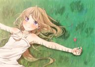 1_female 1girl bare_shoulders blonde_hair blush dress explicit eyebrows_visible_through_hair female five-leaf_clover flat_chest flowers grass high_resolution highres honnryou honryou_wa_naru long_hair looking_at_viewer lying on_back on_ground original outstretched_arms point_of_view purple_eyes safe smile spread_arms summer_dress very_long_hair violet_eyes // 1700x1200 // 3.0MB