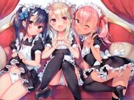 apron black_hair blonde_hair blush bow brown_eyes camel_toe cameltoe chloe_von_einzbern clothes_lift couch cropped dark_skin dress fang fangs fate fatekaleid_liner_prisma_illya fate_(series) fate_kaleid_liner_prisma_illya female headdress illyasviel_von_einzbern konachan long_hair maid miyu_edelfelt navel one_eye_closed panties pink_hair questionable red_eyes ribbon ribbons sazaki_ichiri scan skirt skirt_lift thighhighs tied_hair twintails underwear wink yellow_eyes young // 3849x2887 // 9.3MB