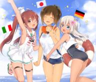 10s 3girls blonde_hair blue_eyes blue_swimsuit breasts brown_eyes brown_hair dress female flag flat_chest flower german_flag germany hair_flower hair_ornament hat headwear high_resolution highres i-401_(kantai_collection) italian_flag italy japan japanese_flag kantai_collection libeccio_(kantai_collection) lifebuoy lolibooru.moe long_hair medium_breasts multiple_females multiple_girls one-piece_swimsuit peace_sign ro-500_(kantai_collection) safe sailor_dress sino_(sionori) sky small_breasts swimsuit tan tied_hair twin_tails twintails v // 2100x1791 // 2.9MB