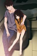 1_female 1_male 1boy 1girl arm_around_shoulder barefoot feet female high_resolution highres honryou_wa_naru indoors long_hair male no_pants original safe sitting toes v_arms // 1352x2048 // 200.4KB