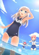 10s 3girls absurd_resolution absurdres bad_id bad_pixiv_id blonde_hair blue_eyes blush cloud covered_navel crop_top d day dutch_angle female flower hair_flower hair_ornament high_resolution highres i-168_(kantai_collection) i-58_(kantai_collection) kantai_collection lens_flare long_hair multiple_females multiple_girls ocean one-piece_tan open_mouth outdoors partially_underwater_shot ro-500_(kantai_collection) safe sailor_collar school_swimsuit senifu shading_eyes sky smile sunlight swimsuit swimsuit_under_clothes tan tan_lines tanline thigh_gap wading water // 2083x2882 // 3.2MB