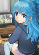 1_female 6 aqua_(konosuba) bangs bhive003 blue_eyes blue_hair chips contemporary controller copyright_name darkness_(kono_subarashii_sekai_ni_shukufuku_wo!) dolphin_shorts female food from_behind game_controller grey_legwear hair_between_eyes high_resolution holding holding_controller holding_game_controller izawa_koushi kono_subarashii_sekai_ni_shukufuku_wo! legwear lolibooru.moe long_hair looking_at_viewer looking_back megumin open_mouth pink_shorts pixiv_16290367 pixiv_87380637 playing_games point_of_view safe shiny shiny_hair short_shorts shorts sitting solo television thighhighs younger zettai_ryouiki 現パロ 現代編このすば_序章_まとめ 異澤 // 1400x1980 // 2.7MB