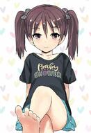 1_female 1girl bare_legs barefoot brown_hair clothes_writing collarbone crossed_legs feet female hair_between_eyes hair_tie heart jiji jijis-waifus legs lolibooru.moe original purple_eyes safe sankaku_channel shirt sitting skirt smile soles solo t-shirt text_on_clothes tied_hair toes twintails // 709x1043 // 110.3KB