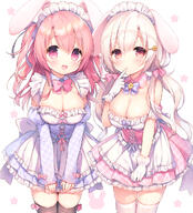 2girls animal_ears apron bangs bare_shoulders black_legwear blue_collar blue_dress blue_sleeves blush bow bowtie breasts bunny_ears cleavage collar commentary_request cowboy_shot d detached_collar detached_sleeves dress ears explicit eyebrows_visible_through_hair female finger_to_mouth frilled_apron frills gelbooru gloves hair_between_eyes hair_bow hair_ornament hairclip high_resolution juliet_sleeves large_breasts legwear long_hair long_sleeves maid maid_headdress multiple_females open_mouth oppai_loli original original_character parted_lips pink_bow pink_collar pink_hair pink_neckwear pixiv_7367 pixiv_77970874 pleated_dress puffy_sleeves purple_bow purple_neckwear ranranruu red_eyes safe sakura_(usashiro_mani) simple_background skindentation sleeves_past_wrists smile thighhighs usashiro_mani very_long_hair waist_apron white_apron white_background white_gloves white_hair white_legwear wing_collar あったかふんわりうさぎさん うさみみ うさ城まに アルビノ桜 桜 // 1086x1200 // 1.1MB