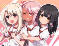 3girls bangs black_hair blush breasts chawan chawan_(yultutari) chloe_von_einzbern closed_mouth collared_shirt d danbooru eyelashes fate fatekaleid_liner_prisma_illya fatestay_night fate_(series) fate_kaleid_liner_prisma_illya fate_stay_night female girl_sandwich grin high_resolution homurahara_academy_uniform illyasviel_von_einzbern lolibooru.moe long_hair looking_at_viewer miyu_edelfelt multiple_females multiple_girls neck_ribbon one_eye_closed open-mouth_smile open_mouth orange_eyes pink_hair point_of_view puffy_short_sleeves puffy_sleeves questionable red_eyes red_ribbon ribbon safe sandwiched sankaku_channel school_uniform seifuku shirt short_sleeves small_breasts smile uniform white_hair white_shirt yande.re yellow_eyes // 2055x1600 // 2.4MB
