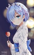 alternate_costume blue_eyes blue_hair blush candy_apple dated girl hair_over_one_eye japanese_clothes looking_away nahaki obi re_zero_kara_hajimeru_isekai_seikatsu rem_(re_zero) short_hair signed single smile tall_image traditional_clothes upper_body white_fox x_hair_ornament yukata // 800x1280 // 1.1MB