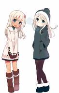 2girls alternate_costume beanie black_coat black_legwear black_skirt blonde_hair blue_eyes blue_skirt boots breath brown_footwear coat danbooru dual_persona eye_contact female footwear full-length_portrait full_body gelbooru hands_in_pockets hat head_tilt headwear high_resolution highres kantai_collection legwear long_hair looking_at_another looking_at_viewer mature multiple_females multiple_girls pale_skin pantyhose point_of_view ro-500_(kancolle) ro-500_(kantai_collection) safe safebooru simple_background skirt standing tan tanned u-511_(kancolle) u-511_(kantai_collection) white_background white_coat winter_clothes yoru_nai // 1152x1817 // 150.9KB