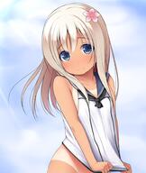 10s 1_female 1girl bare_shoulders blonde_hair blue_eyes blush bottomless collarbone eyebrows eyebrows_visible_through_hair female flower groin hair_flower hair_ornament haryuu_(poetto) head_tilt kantai_collection long_hair mature neckerchief no_panties nose_blush one-piece_tan pink_flower ro-500_(kantai_collection) safe school_uniform schoolgirl_uniform serafuku shirt shirt_tug sleeveless sleeveless_shirt smile solo tan tan_lines tanline tanned tareme uniform white_shirt // 845x1000 // 599.6KB