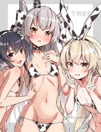 3_girls amatsukaze_(kantai_collection) amatsukaze_destroyer animal_print bikini black_hair blonde_hair blunt_bangs blush border brown_eyes choker cow_print cow_print_bikini d embarrassed flat_chest fringe girl hair_tubes hand_on_chest hat headband inscription kantai_collection leaning leaning_forward light_erotic long_hair looking_at_viewer looking_back mini_hat multiple_girls navel open_mouth payot pixiv_86940589 red_eyes ribbon_(ribbons) shimakaze_(kantai_collection) shimakaze_destroyer short_hair side-tie_bikini signed silver_hair simple_background smile standing stomach swimsuit takanashi_kei_(hitsujikan) takanashie tall_image tokitsukaze_(kantai_collection) tokitsukaze_destroyer twitter_username two_side_up victory yellow_eyes しずま艦隊 天津風 小鳥遊_啓 島風 撫で回したいお腹 時津風 牛柄迷彩 // 1137x1490 // 1.4MB