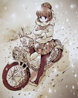 1_female 1girl commentary_request crossed_arms female gelbooru ground_vehicle hair_bun high_resolution highres honda honda_super_cub motor_vehicle motorcycle photoshop_(medium) pleated_skirt safe scarf school_uniform schoolgirl_uniform sepia serafuku shima_rin shuru_y skirt snow uniform vehicle vehicle_request winter yuru_camp yurucamp // 1423x1776 // 4.2MB