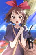 1_female 7468 animal bag black_cat blurry blush bow broom brown_eyes brown_hair cat cloud_(clouds) d depth_of_field dress female fringe girl gonzo hair_bow hair_ribbon headband highres holding jiji jiji_(majo_no_takkyuubin) kiki kiki's_delivery_service looking_at_viewer majo_no_takkyuubin o open_mouth outdoors pomu questionable ribbon ribbon_(ribbons) short_hair short_sleeves shoulder_bag signed single sky smile studio_ghibli sunlight surprised tagme tall_image upper_body wind yande.re びっくり ほうき ぽむ キキ ジジ ジブリ1000users入り 晴天 猫と女の子 青空 // 3000x4500 // 7.0MB