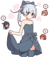 4_females 4girls akatsuki_(kancolle) akatsuki_(kantai_collection) blue_dress blue_eyes blue_legwear blush dress eyebrows eyebrows_visible_through_hair female floral_print hair_between_eyes hair_ribbon heart hibiki_(kancolle) hibiki_(kantai_collection) ikazuchi_(kancolle) ikazuchi_(kantai_collection) inazuma_(kancolle) inazuma_(kantai_collection) kantai_collection legwear lifted_by_self lolibooru.moe multiple_females multiple_girls ponytail purple_hair red_hair ribbon safe silver_hair speech_bubble tail thigh-highs thighhighs tied_hair yoru_nai // 800x938 // 323.6KB