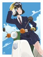 1girl bangs black_hair black_jacket black_skirt blazer blue_sky breast_pocket brown_eyes cloud collared_jacket collared_shirt commentary dated gloves goggles goggles_on_headwear ground_vehicle helmet highres honda honda_super_cub jacket koguma_(super_cub) long_sleeves miyahara_takuya moped motor_vehicle motorcycle motorcycle_helmet necktie pleated_skirt pocket red_neckwear riding school_uniform shirt short_hair signature skirt sky solo striped striped_neckwear super_cub symbol_commentary white_shirt yellow_gloves // 900x1200 // 503.0KB