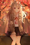 1_female 1girl autumn_leaves blonde_hair blush cardigan closed_mouth fate fatekaleid_liner_prisma_illya fate_(series) fate_kaleid_liner_prisma_illya female highres homurahara_academy_uniform illyasviel_von_einzbern knees leaf lolibooru.moe long_hair nasii pleated_skirt red_eyes ribbon safe sankaku_channel school_uniform sitting sitting_on_object skirt smile solo uniform // 1011x1495 // 190.6KB