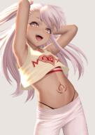 1_female armpits arms_behind_head arms_up bangs bare_shoulders black_panties black_underwear blush breasts brown_skin chloe_von_einzbern contentious_content crop_top danbooru dark-skinned_female dark_skin eye_contact fate fatekaleid fatekaleid_liner_prisma_illya female flat_chest high_resolution highleg highleg_panties illyasviel_von_einzbern kuro_von_einzbern legwear lolibooru.moe long_hair looking_at_another looking_at_viewer midriff navel one_side_up open_mouth open_smile orange_eyes panties pants pink_hair point_of_view pose prisma_illya questionable safe sankaku_channel shadow shirt small_breasts smile standing stomach stomach_tattoo swept_bangs tattoo thighs tight tight_pants underwear video white_pants yamaneko yamaneko_(tkdrumsco) yellow_shirt yoga_pants クロさん 見せハイレグパンツ // 848x1200 // 828.2KB