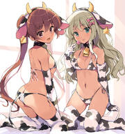 2girls alternate_costume animal_costume animal_ears animal_print aqua_eyes armwear ass ass_visible_through_thighs bangs bell bikini blonde_hair blush brown_eyes brown_hair brown_skin candy closed_mouth clothed_female collar commentary_request costume cow_bell cow_ears cow_girl cow_print cowbell cowboy_shot d dark-skinned_female dark_skin dark_skinned_female ears elbow_gloves eye_contact eyebrows eyebrows_visible_through_hair fake_animal_ears fake_horns female flat_chest food gloves grecale_(kancolle) grecale_(kantai_collection) hair_between_eyes hairband holding horns junk_tag kantai_collection kneeling libeccio_(kantai_collection) lolibooru.moe lollipop long_hair looking_at_another looking_at_viewer multiple_females multiple_girls navel neck_bell odawara_hakone one-hour_drawing_challenge open_mouth open_smile ox_(chinese_zodiac) point_of_view print_legwear safe sankaku_channel side-tie_bikini simple_background smile stomach string_bikini swimsuit swimwear thigh-highs thighhighs thighs tied_hair tongue tongue_out twin_tails twintails twitter_username wavy_hair white_background white_bikini white_gloves white_legwear white_swimsuit year_of_the_ox // 705x750 // 466.7KB