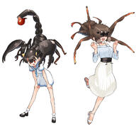 2girls absurdres arthropod_girl black_hair brown_hair bug dress evolvingmonkey full_body highres long_skirt multiple_girls original pincers red_eyes sailor_collar sailor_dress sandals scorpion scorpion_girl scorpion_tsuchida skirt spider spider_girl spider_itou stinger white_background // 6799x6549 // 6.7MB