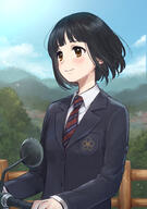 1girl black_hair blush brown_eyes day ground_vehicle highres koguma_(super_cub) motor_vehicle necktie outdoors school_uniform scooter short_hair sky smile solo super_cub tarako_jun // 1398x1984 // 1.8MB