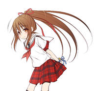 1_female 1girl 2d_art arms_behind_back bell black_legwear blue_ribbon blush brown_eyes brown_hair closed_mouth commentary_request feet_out_of_frame female hair_ornament hair_ribbon haryuu_(poetto) high_ponytail high_resolution jingle_bell kneehighs ku-do leaning leaning_forward long_hair neckerchief original pixiv_88196612 plaid plaid_skirt pleated_skirt ponytail red_neckwear red_ribbon red_skirt ribbon safe sailor_collar school_uniform schoolgirl_uniform serafuku shirt simple_background skirt smile solo standing tail tied_hair uniform very_long_hair white_background white_sailor_collar white_shirt ハリュー〖poetto〗 ハリュー＠poetto 毎日お絵描き３４日目_３月４日 // 1500x1434 // 695.3KB