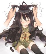 1_female ahoge alastor_(shakugan_no_shana) animal_ears animal_tail black_coat black_hair black_legwear black_thighhighs blush bodily_fluids bow bowtie breasts brown_hair cat_ears cat_girl cat_tail catgirl catperson coat ear_fondling ear_grab ears embarrassed eyes_closed feline_characteristics female flat_chest formal fringe gelbooru girl hair hands heart hieroglyph inscription j.c._staff jacket jewelry junk_tag legwear long_coat long_hair long_sleeves mature nekomimi open_clothes open_jacket pendant ribbon roke rokushou_(junkyard) safe sailor_uniform sankaku_channel school_uniform schoolgirl_uniform serafuku shakugan_no_shana shana shana_(shakugan_no_shana) shorts simple_background single sitting sweat sweatdrop tail tall_image thighhighs trembling uniform very_long_hair white_background // 739x879 // 67.2KB