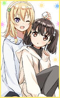 2girls abe_kanari black_hair black_legwear blonde_hair brown_eyes clover_hair_ornament eyes face facial_expression female flower four-leaf_clover_hair_ornament hair hair_bobbles hair_flower hair_ornament hairband high_school_fleet highres holding hood hoodie mahjong mahjong_tile medium_hair medium_length_hair multiple_females multiple_girls one_eye_closed open_mouth pantyhose purple_eyes ribbed_sweater shiretoko_rin smile sweater tied_hair topwear twintails violet_eyes wakasa_reo white_hairband // 735x1200 // 531.4KB
