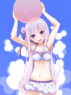 1girl ball beachball bikini blush braid breasts crown_braid emilia_(re_zero) female flower grey_hair hair_flower hair_ornament high_resolution long_hair looking_at_viewer medium_breasts midriff navel nori0001 nori_(nori0001) open_mouth polka_dot_bikini purple_eyes re_zero_kara_hajimeru_isekai_seikatsu silver_hair simple_background solo standing swimsuit tied_hair white_bikini white_hair white_swimsuit zero_kara_hajimeru_isekai_seikatsu // 1200x1600 // 488.5KB