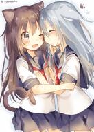 10s 2girls ;d absurd_resolution ahoge akatsuki_(kantai_collection) animal_ears animal_tail bikini blush brown_eyes brown_hair cat_ears cat_tail cheek_to_cheek closed_eyes cowboy_shot ears ears_down eyes face facial_expression fang fangs female flat_chest formal hand_on_another's_chin hibiki_(kantai_collection) high_resolution junk_tag kantai_collection kemonomimi_mode long_hair mature multiple_females neck neckerchief neckwear no_hat no_headwear one_eye_closed open_mouth paw_print pleated_skirt red_neckwear safe sailor_uniform school_uniform schoolgirl_uniform seifuku short short_sleeves silver_hair sketch skirt sleeves smile swimsuit swimwear tail twitter_username uniform zuho_(vega) // 2894x4046 // 1.1MB