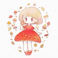 1_female 1girl ahoge amanita_muscaria_(mushroom) ayu_(mog) braid brown_hair bubble_skirt closed_mouth dress female fly_agaric footwear holding holding_mushroom leaf legwear mushroom original pantyhose purple_eyes red_dress red_footwear safe shoes short short_dress short_sleeves skirt sleeves solo standing standing_position white_legwear // 600x600 // 565.8KB