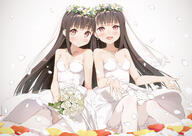 2_girls bare_shoulders bent_knee_(knees) black_hair blunt_bangs blush bouquet bride brown_eyes brown_hair cleavage d dress earrings flower_(flowers) fringe girl hair_flower head_wreath holding knee_socks light_erotic long_hair looking_at_viewer multiple_girls necklace open_mouth original panties pantyshot pantyshot_sitting payot petals purple_eyes rose_(roses) simple_background sitting smile socks thighhighs tsubure_manjuu underwear wedding_dress wedding_veil white_background white_dress white_panties white_rose white_thighhighs wind wreath // 1200x848 // 739.6KB