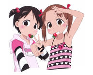 2_girls armpit_(armpits) berry_(berries) blush brown_eyes brown_hair food girl heart heart_print highres ichigo_mashimaro itou_chika loli matsuoka_miu multiple_girls short_hair short_twintails strawberry twintails victory white_background // 2560x2048 // 516.8KB