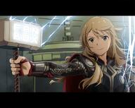 1_female 1girl 54_aspect_ratio armor avengers blonde_hair clenched_hand commentary_request cosplay danbooru electricity eye_contact eyes face facial_expression female full_armor green_eyes hair hair_between_eyes hammer hand_up holding hoshii_miki idolmaster junk_tag letterboxed long_hair long_sleeves looking_at_another looking_at_viewer looking_to_the_side marvel messy_hair mjolnir no_feet outstretched_arm point_of_view safe safebooru sankaku_channel shoulder_pads smile solo tagme taku1122 text text_focus thor_(marvel) thor_(marvel)_(cosplay) upper_body weapon widescreen // 1037x827 // 115.9KB