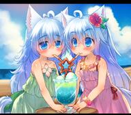 2girls animal_ears animal_tail bare_shoulders beach blue_eyes blush crazy_straw day drinking_straw ears eyes female flower food hair_flower hair_ornament high_resolution hiyoko ice_cream landform lolibooru.moe lolita_fashion long_hair mature multiple_females original pixiv_5031 pixiv_64000945 safe shoulders siblings sisters tail toba_hiyoko twins white_hair wolf_ears wolf_tail とりまるひよこ。 ふたごおおかみの夏休み // 1600x1400 // 6.4MB