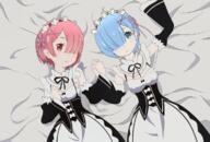 2girls _zero_kara_hajimeru_isekai_seikatsu aqua_eyes aqua_hair bow dress eyes female hair headdress maid multiple_females pink_hair ram_(re_zero) ram_(zero) re_zero_kara_hajimeru_isekai_seikatsu red_eyes rem_(re_zero) rem_(zero) ribbon ribbons servachok short_hair twins // 1184x800 // 552.4KB
