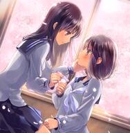 2girls angle bangs black_eyes black_hair black_sailor_collar black_skirt blue_neckwear blush breeze cherry_blossom cherry_blossoms closed_mouth clothing commentary_request couple duo dutch_angle explicit eye_contact eyebrows eyebrows_visible_through_hair eyes face facial_expression female formal grey_shirt hair hand_on_another's_face high_resolution holding in_profile indoors kuga_tsukasa lesbian long_hair long_sleeves looking_at_another multiple_females multiple_girls neckerchief original original_character perspective petals pleated_skirt profile purple_eyes purple_hair sailor_collar school_uniform schoolgirl_uniform serafuku shirt sitting skirt sleeves_past_wrists smile standing standing_position uniform window yuri yuri_iracon_2 桜 桜色 玖珂つかさ 百合イラコン2 // 1200x1228 // 1.5MB