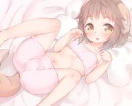 1_female 1girl 54_aspect_ratio animal_ears animal_tail bed blush brown_eyes brown_hair dog_ears dog_tail ears eyes female female_focus hair looking_at_viewer lying navel on_back on_bed open_mouth original paw_pose safe sakurea sankaku short_hair solo stomach tail // 1250x1000 // 111.2KB