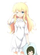 10s 1_female 1girl alice_cartelet alternate_hairstyle black_hair blonde_hair blue_eyes blush bodily_fluids commentary_request dakimakura_(object) explicit eyes female frills goribote hair hair_down haribote_(tarao) holding kin-iro_mosaic lesbian lolibooru.moe long_hair nightwear one_eye_closed oomiya_shinobu pajamas parted_lips pillow rubbing_eyes safe sankaku_channel simple_background sleepy solo tears white_background wink yuri |_| // 625x850 // 247.0KB