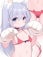 1_female 1girl animal_hands bell bikini black_choker blue_eyes blue_hair blush breasts choker collarbone eyebrows eyebrows_visible_through_hair eyes female gloves gochuumon_wa_usagi_desu_ka gochuumon_wa_usagi_desu_ka? hair hair_between_eyes hair_ornament high_resolution highres jingle_bell kafuu_chino loli long_hair looking_at_viewer navel neck neck_bell o open_mouth paw_gloves paws questionable red_bikini simple_background small_breasts solo stomach swimsuit swimwear watanon_(gakushokutei) white_background x_hair_ornament // 1504x1975 // 1.2MB