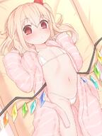 1_female 1girl bathrobe bikini blonde_hair blush contentious_content ears explicit eyes female flandre_scarlet flat_chest hair hair_ornament hair_ribbon high_resolution highres loli lolibooru.moe long_hair long_sleeves looking_at_viewer lying micro_bikini navel on_back pointy_ears questionable red_eyes red_ribbon ribbon sakurea sankaku_channel solo stomach string_bikini swimsuit swimwear touhou white_bikini white_swimsuit wings // 900x1200 // 145.3KB