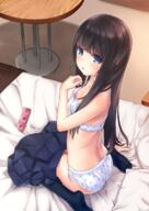 1_female aoi_kumiko arm_at_side arm_support ass back bangs bed bed_sheet bedroom bedsheet black_hair black_socks blanket blue_bra blue_eyes blue_panties blue_skirt blue_underwear blush body_blush bra breasts brown_hair c94_3日目東_ｉ-13a_サークルカット c94サークルカット circle_cut clothes_pull collarbone comiket_94 condom condom_packet_strip condom_wrapper dimples_of_venus embarrassed explicit feet feet_out_of_frame female female_focus female_only flat_chest focus_on_female_character fringe from_above from_behind girl hair high_resolution indoors inside light_erotic lingerie lolibooru.moe long_hair looking_back looking_up neck no_shoes on_bed original original_character panties pillow pixiv pixiv_34931 pixiv_67291267 pleated_skirt polka_dot polka_dot_bra polka_dot_panties polka_dot_underwear questionable safe sankaku sankaku_channel single sitting skirt skirt_pull small_breasts socks soles solo straight_hair strap_gap table tall_image underwear underwear_only viewed_from_above wariza young 葵久美子@ちっぱい！（挨拶）_(34931) // 848x1200 // 1.0MB