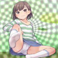 aaaa animated animated_gif brown_eyes brown_hair hypnosis long_sleeves looking_at_viewer panchira_(sitting) panties pettanko presenting_foot puffy_vulva short_hair sitting skindentation snuggly_fitted_panties striped_shirt upskirt vulva_outline // 800x800 // 3.7MB
