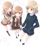 3girls ^_^ bangs black_footwear black_jacket black_legwear black_skirt blonde_hair blue_footwear blue_jacket blue_neckwear blue_skirt blunt_bangs brown_eyes brown_footwear brown_hair brown_jacket bubble_background buttons clenched_hand closed_eyes clothing collarbone commentary_request d eyebrows eyebrows_visible_through_hair eyes face facial_expression fang female footwear foreshortening formal hair hair_between_eyes hair_ornament hairclip hand_holding hand_in_pocket hands_on_another's_shoulders high_collar high_resolution jacket kneehighs legwear long_hair medium_length_hair multiple_females nanamori_school_uniform neck necktie neckwear oomuro-ke oomuro_hanako oomuro_nadeshiko oomuro_sakurako open_mouth partial_commentary pontasu pontasu77 red_neckwear red_ribbon ribbon safe sailor_collar school_uniform schoolgirl_uniform serafuku shoes siblings sisters skirt smile uniform very_long_hair white_legwear yuru_yuri ぽんたす 大室家 大室撫子 大室櫻子 大室花子 // 1552x1758 // 2.1MB