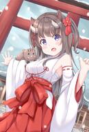 1_female 2019 angle animal animal_ears animal_on_shoulder arm_up armpit_(armpits) blue_sky blush bow breasts brown_hair chinese_zodiac commentary_request danbooru day detached_sleeves dutch_angle ears explicit fang fang_(fangs) fangs female fingernails flower fringe gelbooru girl hair_flower hair_ornament hakama hakama_skirt hand_up head_tilt horn_(horns) horned_humanoid horns japanese_clothes kanzashi keiran10 keiran_(ryo170) long_hair long_sleeves looking_at_viewer maioman medium_breasts miko new_year’s_card open_mouth original original_character outdoors outside outstretched_arm payot perspective pig pig_(chinese_zodiac) pig_ears pleated_skirt purple_eyes red_bow red_flower red_hakama red_skirt revision ribbon-trimmed_sleeves ribbon_trim safe safebooru sarashi shrine shrine_maiden single skirt sky snow snowing solo standing tall_image tassel torii traditional_clothes two_side_up very_long_hair white_sleeves wide_sleeves year_of_the_pig zodiac あけまして2019 けいらん@お仕事募集中 色白 // 709x1049 // 724.8KB