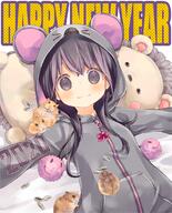 1_female 1girl 2020 animal animal_ears animal_hood bed_sheet black_hair blush bow chinese_zodiac closed_mouth ears face facial_expression fake_animal_ears female grey_eyes grey_jacket hair hamster happy_new_year hood hood_up hooded_jacket jacket kuga_tsukasa long_hair lying mouse_ears mouse_hood new_year on_back original outstretched_arms safe sankaku_channel seed sidelocks smile solo spread_arms striped striped_bow sunflower_seed upper_body year_of_the_rat // 887x1100 // 1.3MB