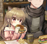 1_female 1_male 1boy 1girl 2020 animal_ears animal_humanoid bangs black_hair blonde_hair blush bottle bread brown_hair burger burgers cat_humanoid cheese clothed clothing cup dairy_products danbooru dress duo ears eating extra_ears eyebrows eyebrows_visible_through_hair eyes felid_humanoid feline feline_humanoid female food french_fries fruit gelbooru hair hamburger humanoid indoors inside lettuce loli long_hair male mammal mammal_humanoid meat off-shoulder_dress off_shoulder onion original photoshop_(medium) plant psyche3313 pushuke red_eyes safe sandwich_(food) sankaku_channel shelf short_hair solo_focus tankard tomato vegetable young // 1263x1198 // 875.3KB